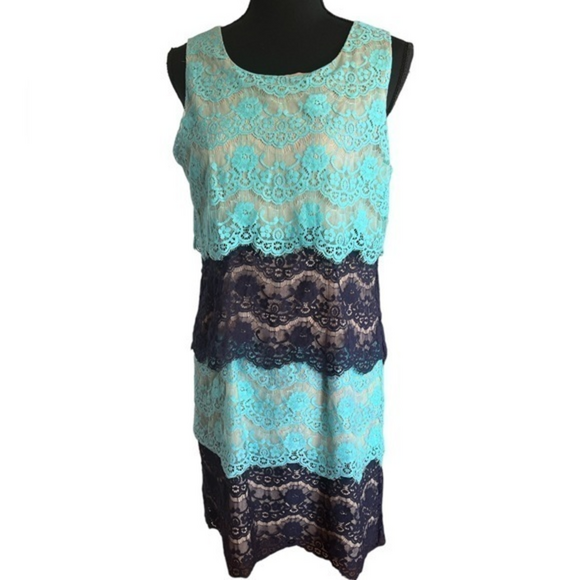 Jessica Simpson Tiered Lacey Dress | Teal and Black | Size‎ M - Picture 1 of 8